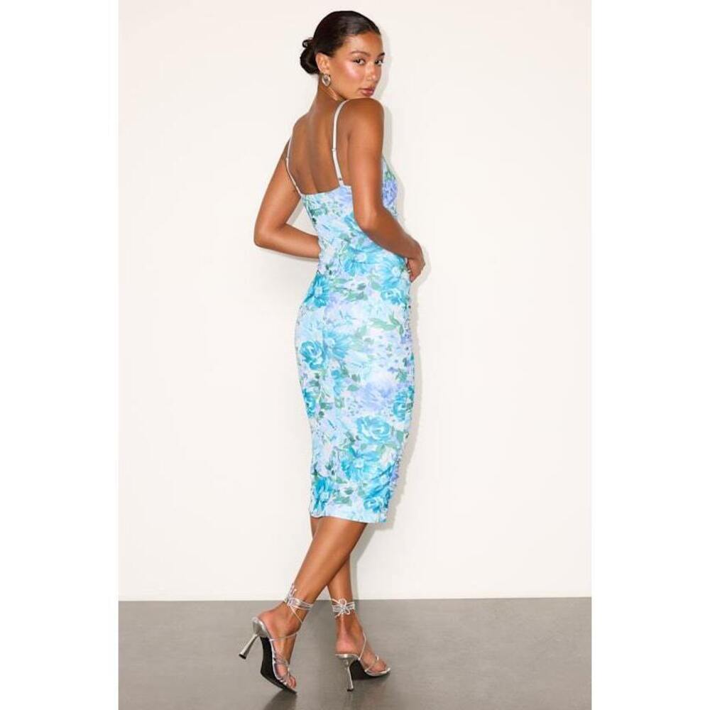Lulus Date Night Beauty Light Blue Floral Print Mesh Ruched Midi Dress - Size S